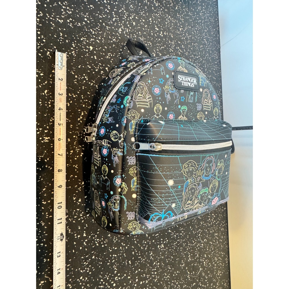 Stranger Things Mini Backpack Black Neon Character Print Faux Leather Bag - Picture 10 of 11